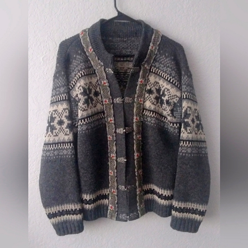 Norway Sweater Fair Isle 1970s Vintage Evebofoss Nordic Knit Wool Cardigan Pewte